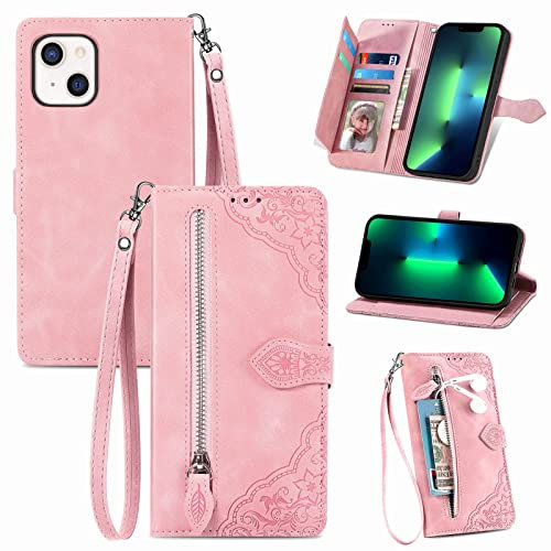 JayModCase Custodia per iPhone 13 Mini (5,4 pollici), con chiusura lampo Funzione Stand scomparti [Magnetica] [Antiurto] Pelle portafoglio Cover per iPhone 13 mini - Rosa