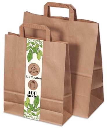 Boxolutions Papiertragetaschen mit Flachhenkel - 22 x 10 x 28cm - 100 Stück - Bio Papiertüten und Geschenktüten in braun 6L