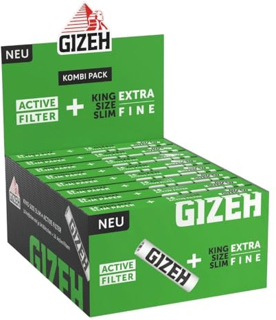 GIZEH BLACK King Size Slim + Active Filter – 16 Heftchen á 34 Blatt | King Size Paper inkl. 6 mm Aktivkohlefilter zum Drehen - Kombi-Pack á 34 Blatt + 16 Filter slim