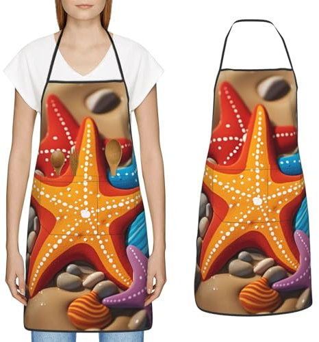 YoupO Kochschürze mit bunten Seestern-Druck, mit großen Taschen, Küchenschürze, wasserdicht, Arbeitsschürze für Männer und Frauen, Weiss/opulenter Garten, Einheitsgröße