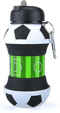 Botella Plegable de Silicona sin BPA 550 ml — Botella Deportiva Portátil con Mosquetón — Diseño Balón Fútbol — Ideal para Entrenamientos, Partidos, Gimnasio, Viajes, Niños y Niñas — Reutilizable