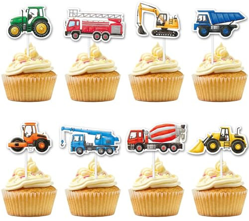 WERNNSAI Construction Cupcake Topper - 40 PCS Construction Car Birthday Party Supplies Dump Truck Excavator Tractor Cake Food Picks for Boys Kids Birthday Baby Shower Cake and Muffin Decorations