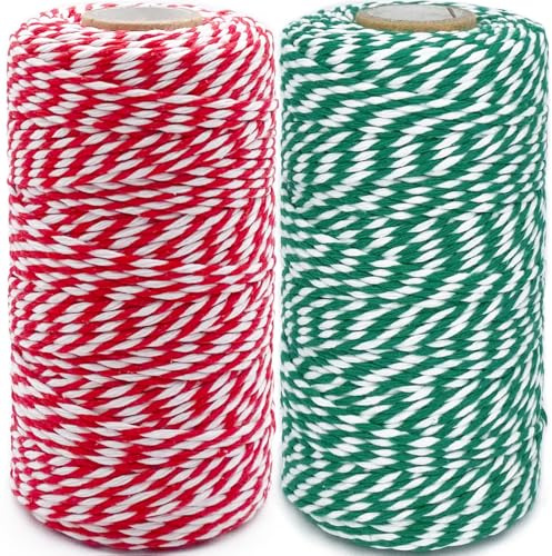 Christmas Twine String 2 Rolls 200m 2mm Green White and Red White Cotton String for Crafts DIY Home Decoration Art Gardening Baking