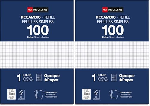Miquelrius - Recharge 100 feuilles, Grille 4 mm, Format A4, Pas de perforation, Papier 90 g/m², Pas de marge, Papier 90 g/m² (Lot de 2)
