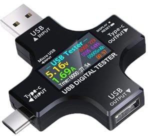 USB C Tester,Strommesser Power Meter, Spannung Voltmeter, Strom, Leistungskapazität Detektor, 2 in 1 Typ C Multi-Funktions Tester,USB Tester Farbbildschirm IPS Digitalmultimeter