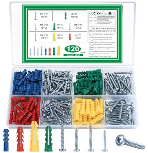 120 Pcs Plaster Board Screws and Wall Plugs Set, Raw Plugs and Screws Set, Masonry screws and Expansion Pipe Bolts, Plasterboard wall plugs for Brick Wall Concrete Drywall