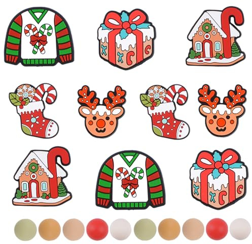 URROMA 20 Stück Weihnachts-Silikonperlen lose Perlen mit Hirsch, Weihnachtsstrümpfe, Form, unregelmäßige und runde Abstandshalter für DIY Stift Armband Handwerk Herstellung