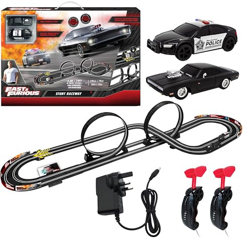 Fast & Furious Stunt Raceway Electric Racetrack Slot Car Set, 2x 1:43 Replica Cars, With 360 Loops & Lap Counter, Track 7.3M / 24FT Racetrack For Kids, UK 3-Pin Plug