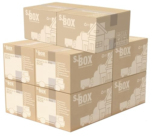 S&J 10 Strong quality cardboard storage box's moving house boxes with room list 52cm x 30cm x 30cm 47 Litres – perfect moving boxes large strong, packing boxes for moving house