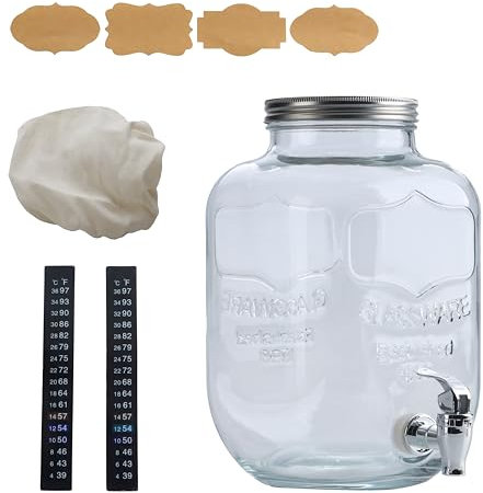 McEtt - Large Kombucha Brewing Jar Kit - 5 Liter (1.3 Gallon) Glass Fermentation Jar - SCOBY Hotel with Airtight Lid & Spout