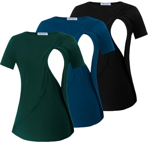 Bearsland Lot de 3 t-shirts d'allaitement à manches courtes pour femme - Double couche - Vêtements de grossesse, Noir, bleu vif et vert foncé, S