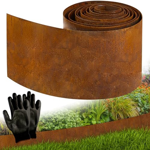 Vehipa Garten Rasenkante aus Cortenstahl 10m, 14cm Höhe Cortenstahl Rasenkante für DIY-Rasen, Rasenkantenband mit Rost inklusive 1 Paar Handschuhe, Rasenkanten Corten-Stahl Beeteinfassung für Garten