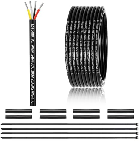 20 AWG 4×0.5 mm² 4 Core Electrical Wire 7.62M, 20 Gauge 12V/24V PVC Cable | 4 Conductor Tinned Copper Stranded Wire, for LED Strip Lighting, Outdoor Wiring & Automotive Applications, CE Listed