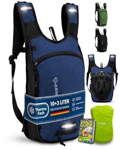 SASMO - Mochila para bicicleta (10 + 3 l, compartimento térmico y red para casco, mochila de 10 l y mochila de esquí, impermeable, incluye protector de lluvia, para hombre y mujer)