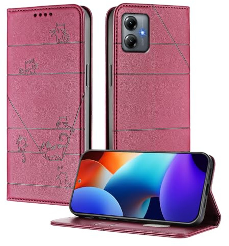 XINYEXIN Funda para Motorola Moto G14, Carcasa Tipo Libro de Piel PU con Bloqueo RFID, Soporte, Ranuras para Tarjetas, Protección Completa - Rojo
