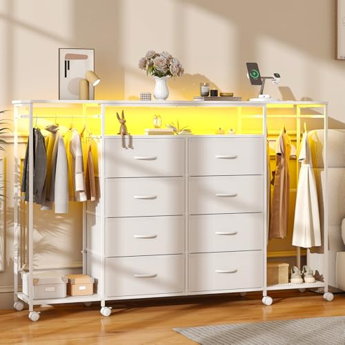 Frmobepts 59.1 W Dresser for Bedroom with Hanging Rack, 8 Drawer Dresser with LED Lights & Charging Station, Fabric Dressers with Portable Wheels,Metal Frame, Wooden Top (White)