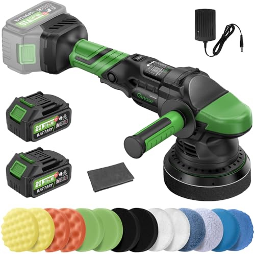 Ginour Cordless Car Polisher for Car Detailing, 900W Brushless Dual Action Car Polisher with 2*21V3.0AhBatteries, 5 Variable Speeds 2000-4600OPM, Car Buffer Polisher Machine with Side Handle, 5in disc