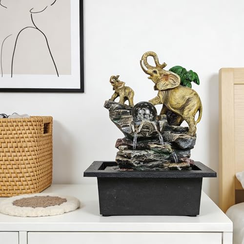 Decorative Elephant Cascade Tabletop Fountain with LED Globe, 3-Tier Design, A Quiet and Soothing Indoor Desktop Fountain