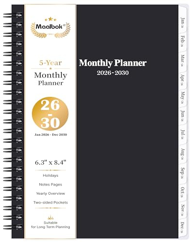 Agenda mensile 2026-2030, calendario 5 anni 2026-2030 con linguette, da gennaio 2026 a dicembre 2030, 16,3 x 21,6 cm, 60 mensili, tasca su due lati, 9 pagine per appunti, adatto per pianificazione a