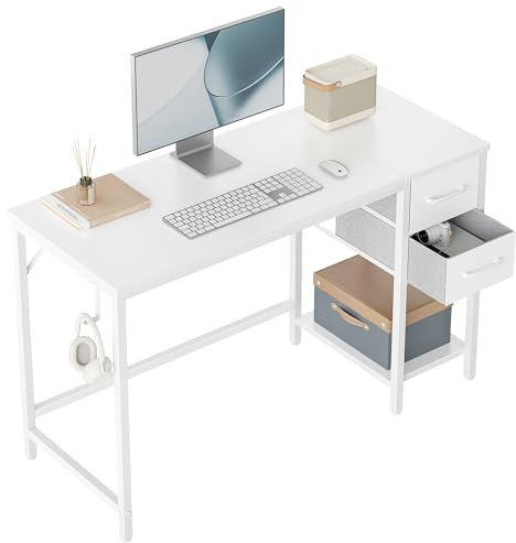 CubiCubi Schreibtisch mit 2 Schubladen und Kopfhörerhaken, 120×50×75cm Kleiner Computertisch, Bürotisch, für Arbeitszimmer, Schlafzimmer, Metallgestell, Weiß