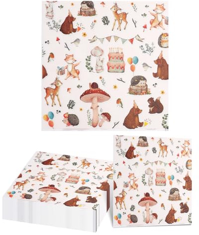 TNSLAND 40PCS Serviettes Animaux Forêt 33x33cm, Papiers 3 Plis, Serviettes Animaux de La ForêT Ton Blé, Doux & Absorbant, Serviette Mariage Papier, Serviette Anniversaire Enfan, Champignons Theme