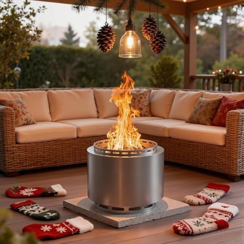 ALAULM 48 cm (19-Inch) Smokeless Fire Pit - Complete Portable Outdoor Fire Pit Set with Waterproof Cover & Poker, Heavy-Duty Stainless Steel for Garden, Camping, Patio & Backyard