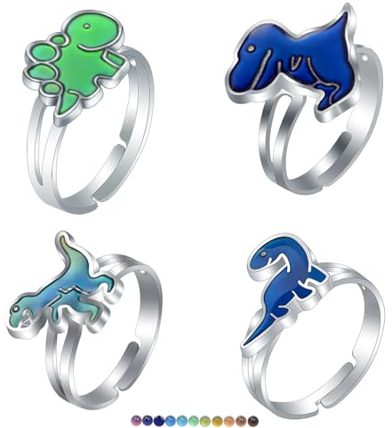 Set di anelli di dinosauro, 4 pezzi di anelli che cambiano colore, anelli dell'umore regolabili, giocattoli per feste, anelli animali temperatura, gioielli divertenti per emozioni