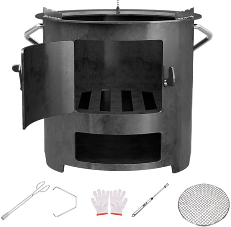 Estufa de Leña Multifuncional con Parrilla para Acampar Al Aire Libre, Estufa de Pellets Pequeña para Tienda de Campaña para Mochileros, Senderismo, Camping, Wok y Olla(26x25cm/10x9.8in)
