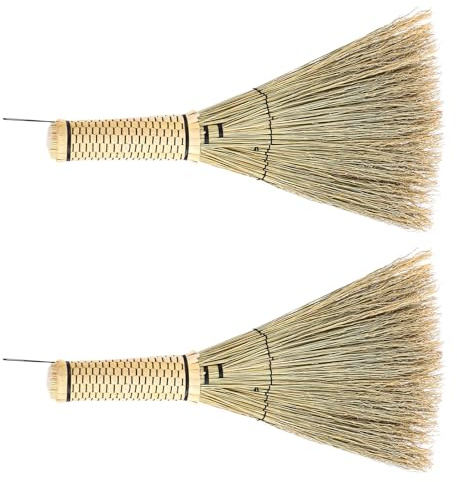 DECHOUS Scopa Artigianale in Paglia da 26 Cm, Set 2 Pezzi Manico Corto, Piccola Scopa Portatile per Interni, per Pulizia Delicata di Tavoli, Scrivanie e Veicoli