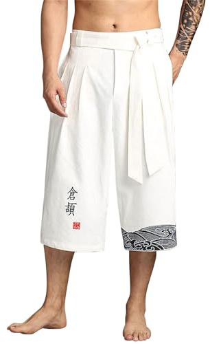 Pantalon Japonais Homme Pantalons/Pantalon Court Taro pour Hommes en Lin Vêtements Asiatiques Kimonos Traditionnels Japonais avec Cordon de Serrage Style Japonai