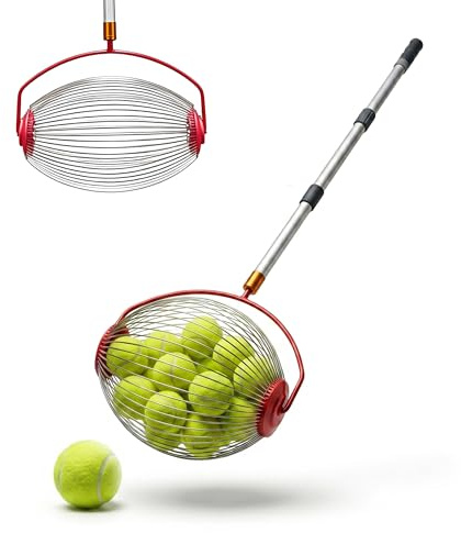 Relaxdays Tennisball Sammler, 25 Bälle, HBT: 128 x 32 x 19 cm, Metall, Abnehmbarer Griff, Rollsammler Tennis, Silber/rot