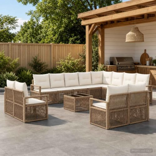 Ziaphsol Trädgårdssockset 13 delar, beige poly-rotting loungegrupp, utomhusmöbler, matgrupp för terrass, balkong, trädgård, uteplats, veranda med väderbeständig ram