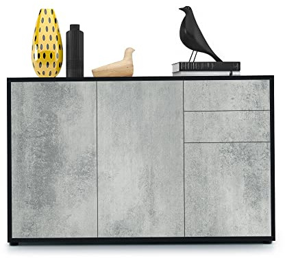Vladon Sideboard Ben V3, Kommode mit 3 Türen und 2 Schubladen, Schwarz matt/Beton Oxid-Optik (117 x 74 x 36 cm)