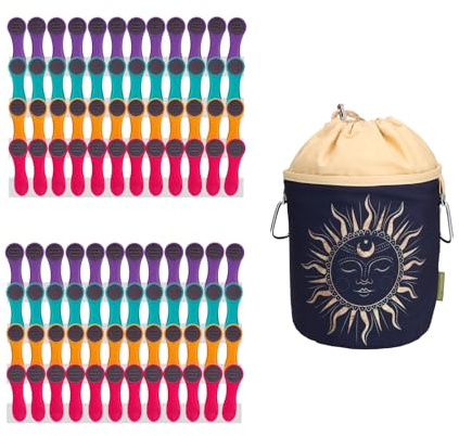 96 Wäscheklammern mit Federn aus Edelstahl Soft Grip Softgrip Soft Touch Softtouch und 1 Wäscheklammerbeutel aus Baumwolle Sonne (24xLila, 24xTürkis, 24xGelb, 24xPink)