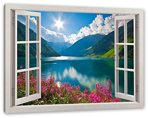Pixxprint Blumenwiese See, Fenster, Größe: 120x80cm, Leinwandbild, fertig gespannt, Wandbild, Dekoration, Kunstdruck, kein Poster