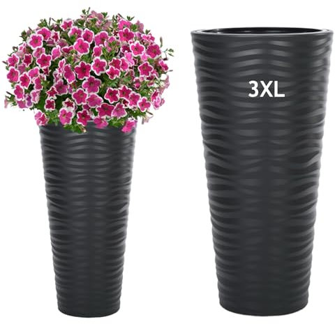 MELTOM Pflanzkübel Slim Rund 3D Effekt - Wellen - Farbe: Anthrazit mit Herausnehmbaren Einsatz, DxH: 40 x 79 cm