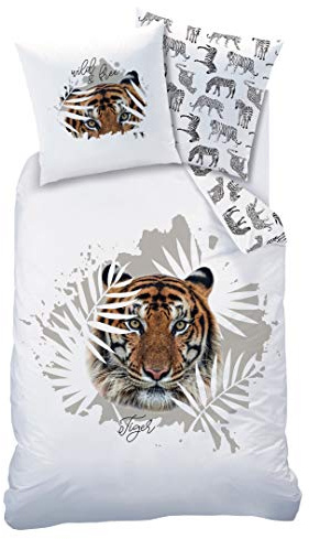 MTOnlinehandel Tiger Bettwäsche Set 135x200 · Kinderbettwäsche · Teenager · wild & Free, Zebra, Safari & Blätter - Kissenbezug 80x80 + Bettbezug 135x200 cm - 100% Baumwolle