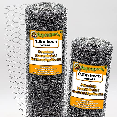 Aquagart Maschendrahtzaun Sechseckgeflecht verzinkt I Hühnerzaun Kaninchendraht Hasengitter feinmaschig 25mm x 25 mm I 6-Eck Drahtgeflecht 0,9 mm IHasendraht (verzinkt 100cm, 140m)