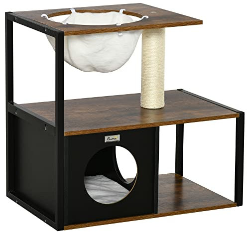 Pawhut Katzenhaus Katzenmöbel mit Katzenhöhle Kratzmöbel mit Katzenbett, Kissen Kratzbaum Katzenbaum mit Hängematte Katzenkratzbaum Sisal Braun 64 x 40 x 60cm