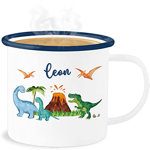 Emaille Becher Blechbecher - Geschenk Dinosaurier personalisiert mit Name I Dino I Dinos - 300 ml - Weiß Blau - tasse tier trex kinder tieren kita saurier t rex dinosaur tiere personalisierte