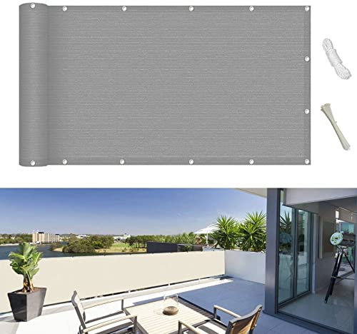 Balkon sichtschutz 110 x 450 cm Sonnenschutz atmungsaktiv Sonnenschutz Balkon-Verkleidung mit Kabelbinder Ohne Bohren für Balkon Garten im Freien, Hellgrau