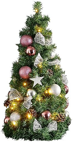 EGLO Künstlicher Weihnachtsbaum 65 cm für innen, Deko-Tannenbaum mit LED-Beleuchtung und Weihnachtskugeln in Rosa und Silber, mit Timer, warmweiß, batteriebetriebener Kunstbaum
