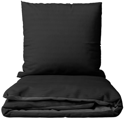 Leonado Vicenti Bettwäsche Seersucker Mikrofaser Set Einfarbige Uni Garnitur Bezug Kissen Decke, 2teilig, 135x200 cm, Schwarz
