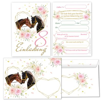 Minkocards 12 Einladungskarten incl. 12 Umschläge zum 8. Kindergeburtstag Mädchen zwei Pferde Einladung achte Geburtstag Kinder Einladungsset