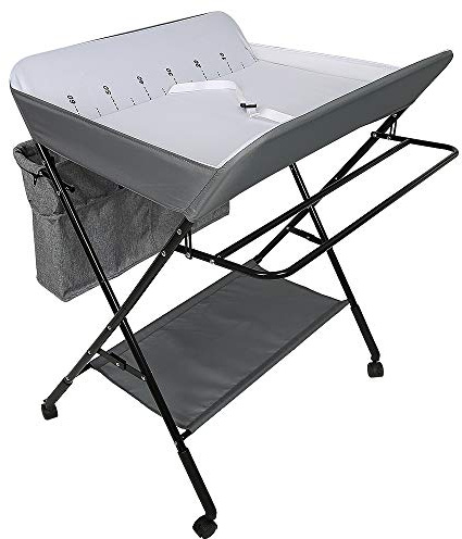 Klappbarer Wickelkommode mit Aufbewahrungskorb - Für das Neugeborene Kleidung und Windeln Wechseln - Tragbarer Wickeltisch mit 4 Räder, Höhenverstellbar, 25 kg Max (80 * 63 * 93-99cm, Grau)