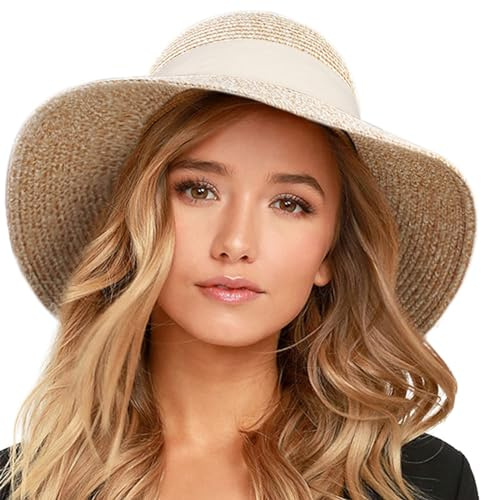 FURTALK Womens Beach Sun Straw Hat Wide Brim UV Protection Travel Hat | Premium Paper Straw, Foldable Travel Design, Adjustable Sweatband, Windproof Chin Strap, Ideal For Beach Vacation
