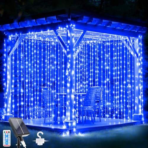 Glaxcidy Tenda Luminosa Solare, 3M x 3M 300 LEDs Natale Tenda Luci, 8 Modalità Luci Tende con Telecomando, Impermeabile Tenda Catena Solare per Giardino, Matrimonio, Tetto Decorazione, blu