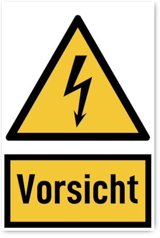 Aufkleber: 300x200 mm, 1 Stück - Signalwort Vorsicht vor elektrischer Spannung - Warnzeichen mit Text (deutsch) (gelb/schwarz) - hochkant - W012 - DIN EN ISO 7010 / ASR A1.3