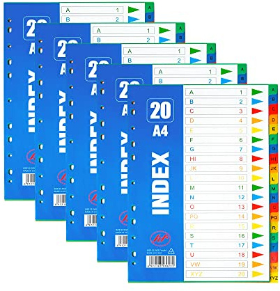 WENLISELL 5 Pack A4 A-Z Dividers for Lever Arch Files A4 Index File Divider | A-Z Part File Dividers, Coloured, Plastic Alphabetical Subject Paper Dividers, With 11 Holes, For Office Home