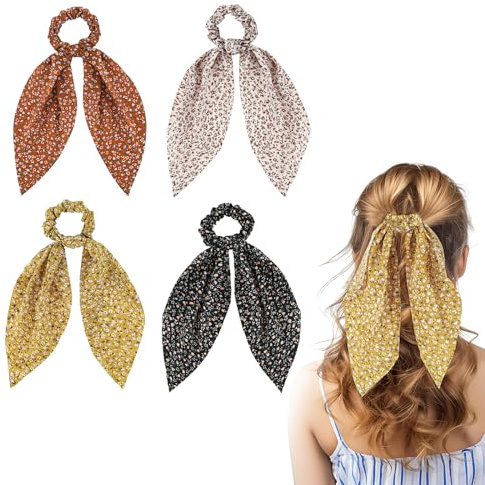 Tyqour 4 stycken chiffong hår hårband rosett, kvinnor vintage blommig halsduk hårsnoddar, hårtillbehör, satin sidenhårband, hårband med rosett, hästsvans hårsmycke för kvinnor flickor